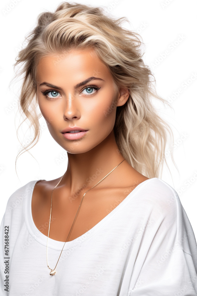 Attractive beautiful gorgeous Scandinavian skinny tanned model on white background.