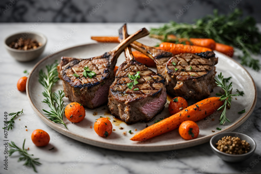 Delicious grilled lamb chops with roasted carrots on a chic marble background, food photography, food art Generative AI Delicious grilled lamb chops with roasted carrots on a chic marble background, food photography, food art Generative AI