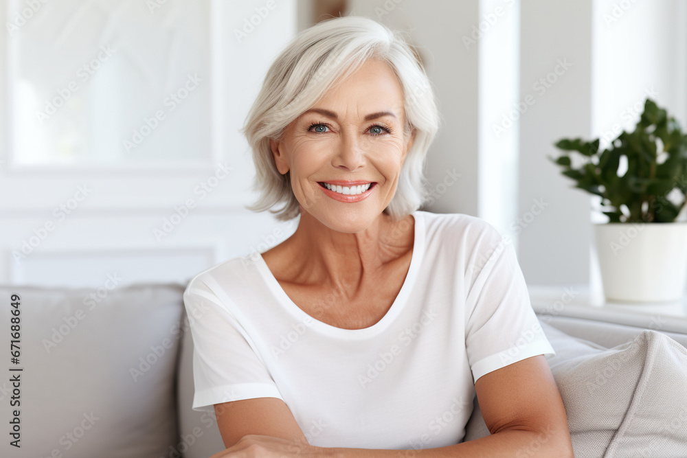 Cheerful pretty blonde senior woman looking at camera. Senior lady home head shot portrait Cheerful pretty blonde senior woman looking at camera. Senior lady home head shot portrait
