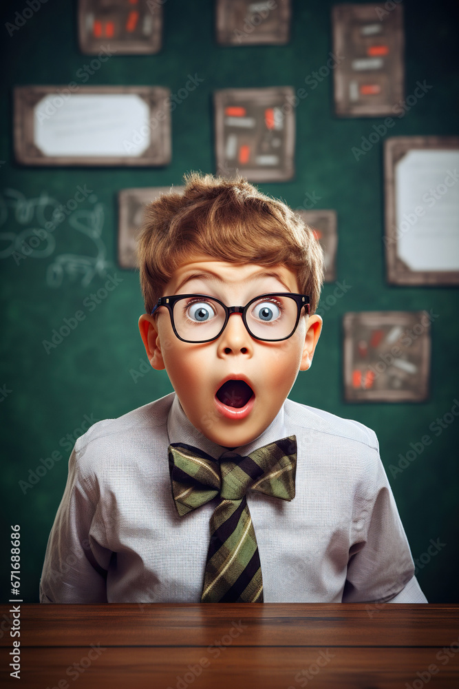 Child schoolboy looks surprised near blackboard at school Child schoolboy looks surprised near blackboard at school