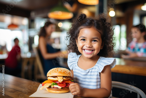 Cheerful little girl eating hamburger in a fast food restaurant