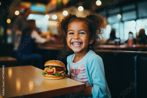 Cheerful little girl eating hamburger in a fast food restaurant photo