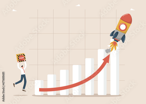 Financial and economic growth, income and profit growth, salary increase, rapid career climb, achieving business goals through right strategy, man with start button and rocket takes off on chart.