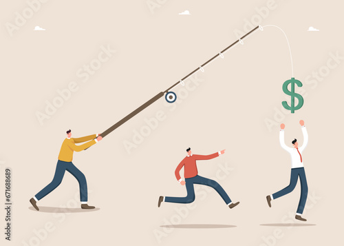 Teamwork for income and salary growth, cooperation for financial and economic stability, race for money, motivation and productivity, employee bonuses, man lures employees with fishing rod with dollar