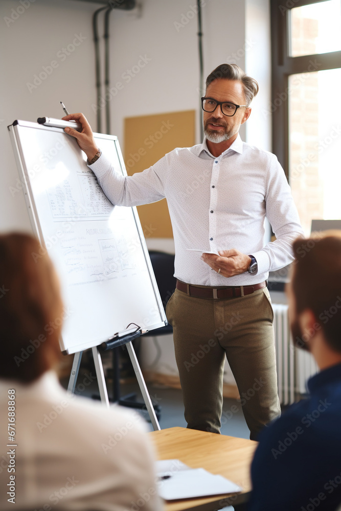 Confident mature coach or speaker pointing at flip chart and explaining something to people sitting in front of him in coworking space during corporate training or seminar - obrazy, fototapety, plakaty 