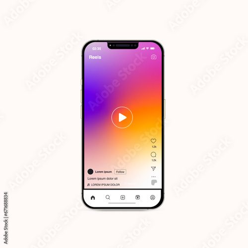 instagram reel smart phone template set, high quality vector eps, gradient style 2023 new iphone 14 mockup. realistic eps vector mobile device. Iphone smartphone, new update instagram application