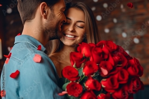 boy girl valentine rose flower red Romantic young, affection, affectionate, attractive, background, beard, beautiful, blond, blurred, boyfriend, caucasian, closeness, date, female, fondness, girl, guy