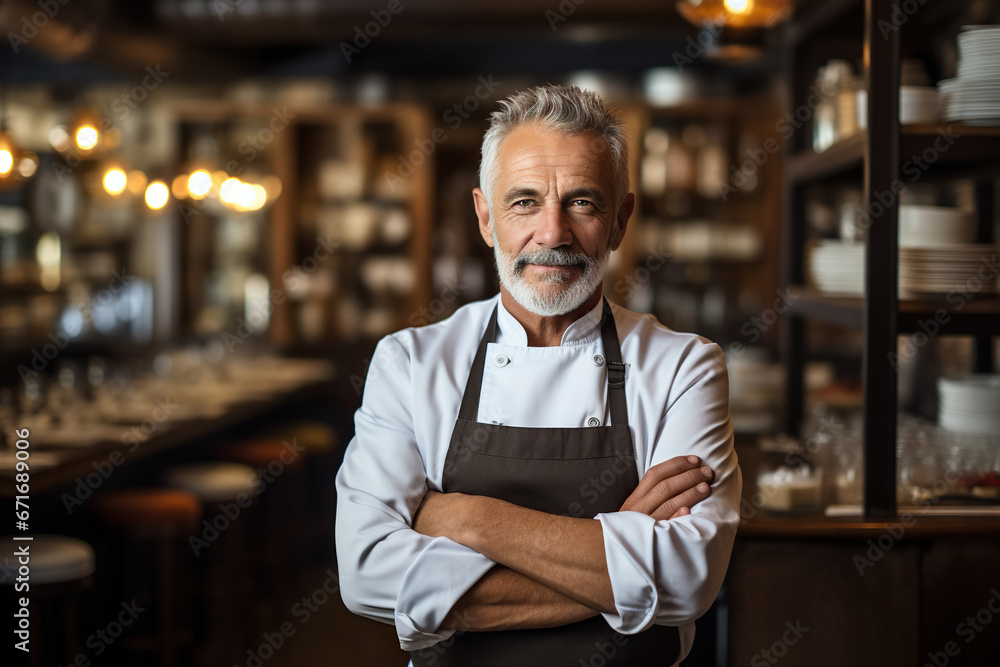 Smiling mature male chef standing with arms crossed in restaurant Smiling mature male chef standing with arms crossed in restaurant