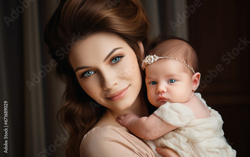 Portrait of pretty woman holding a newborn baby