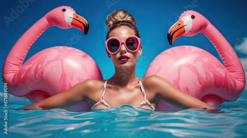 Woman with sunglasses, lying on a pink flamingo - shaped buoy in a swimming pool with a blue background