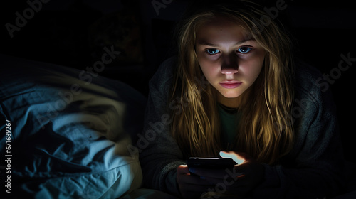 Teenage girl looks at her cell phone while lying on her bed at night.
