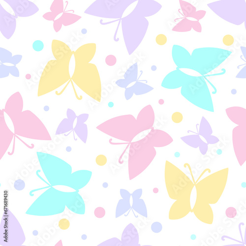 Seamless pattern with butterflies in pastel colors on a white background. Cute girly pattern For fabric design, wallpaper, backgrounds, scrapbooking, etc. Vector. © Zerlina