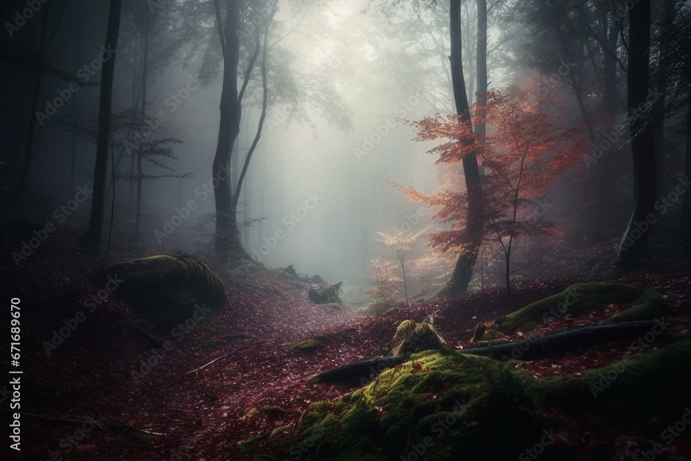 Foggy forest scene with mystical ambiance, imaginary scenery. Generative AI