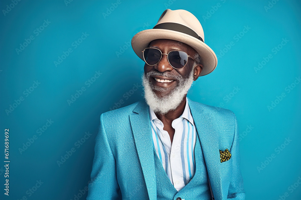 60 year old fashionable hipster African American man portrait on blue background