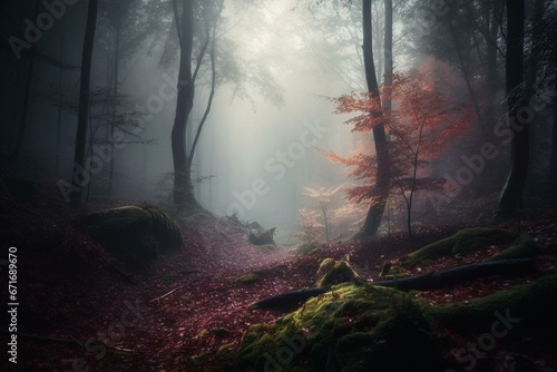 Foggy forest scene with mystical ambiance, imaginary scenery. Generative AI