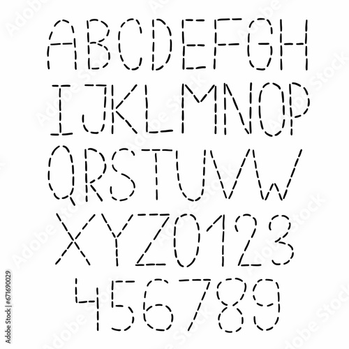 Dotted dash black english latin abc alphabet font A to Z and digits 0 to 9 set. Vector illustration in doodle hand written style isolated on white background. For learning, logo, kids book, naming.