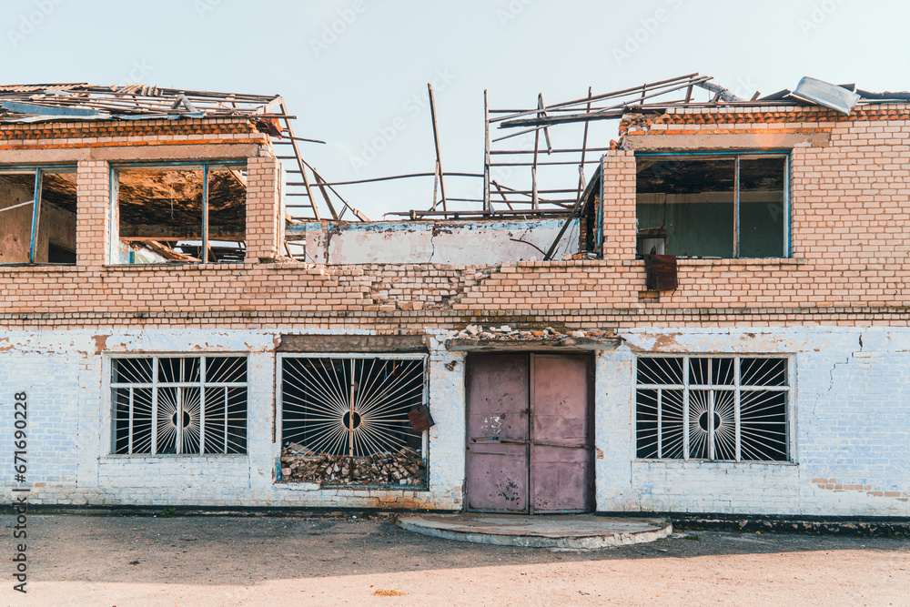 Countryside. A house destroyed by shelling. War in Ukraine