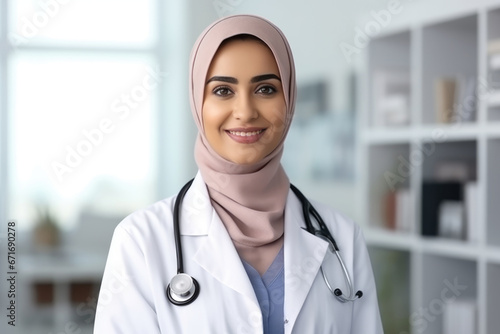 Portrait of a Muslim female therapist in a beige hijab with a stethoscope in the background of an office.