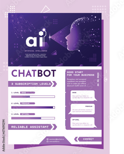 Vector design of a flyer/poster for advertising software, chatbot, artificial intelligence. Invitation to the presentation of a chatbot, artificial intelligence.