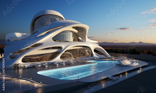 Futuristic architectural creation on calm and clear lake surrounded by serene landscape. photo
