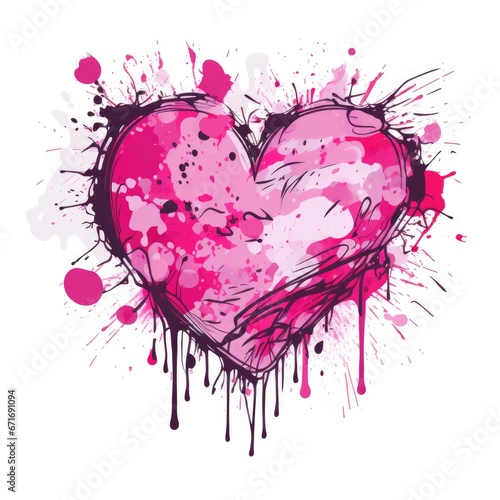A pink heart splattered with paint on a white background.