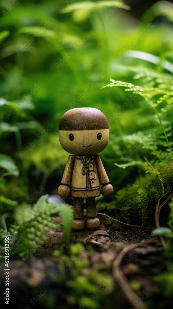 A small wooden toy standing in the middle of a forest. A small wooden toy standing in the middle of a forest.