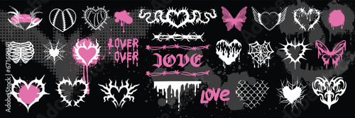 Gothic tattoo heart set, emo u2k love logo kit, vintage graphic fashion vector butterfly print. 90’s punk romance grunge sticker, Valentine dark groovy fashion clipart. Gothic heart retro sign