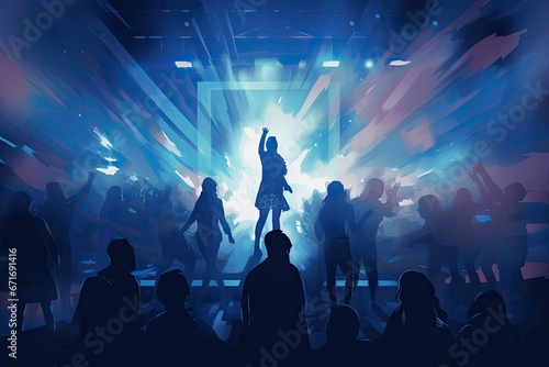 silhouettes of people at music concert with spotlight on stage Generative AI