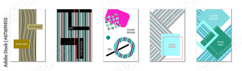 Geometric cover design, set of 5 covers. Abstract unusual background in Memphis style. Bright geometric shapes in random order
