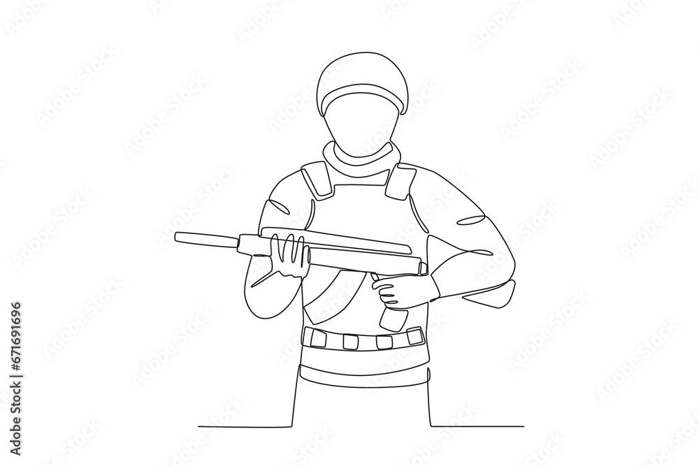 Obraz premium A soldier holding a gun. War one-line drawing