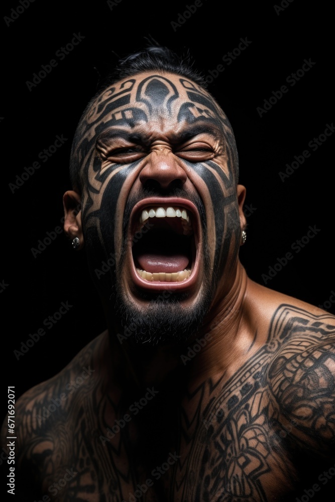A man with tattoos on his chest and chest. Maori haka is a traditional war dance. A man with tattoos on his chest and chest. Maori haka is a traditional war dance.
