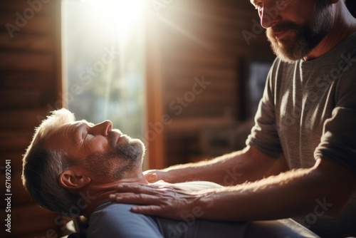 Chiropractor doing osteopathic massage on aged patient for hand muscle recovery photo