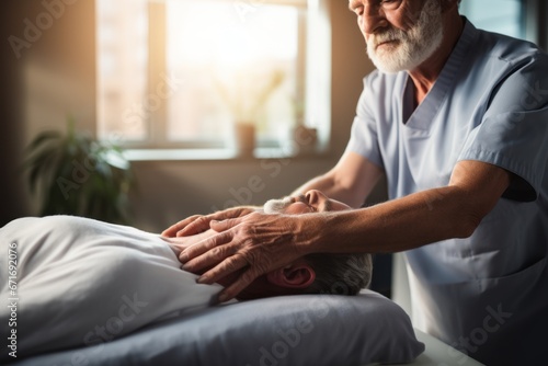 Chiropractor doing osteopathic massage on aged patient for hand muscle recovery photo