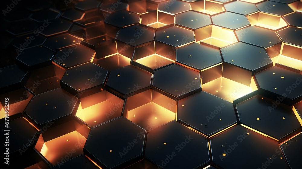 3d hexagons with lights on them in black background
