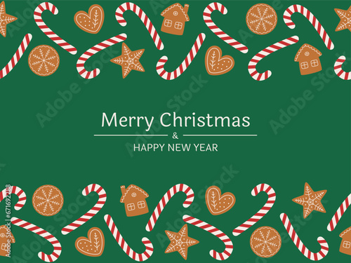 Holiday background with ginger cookies and candy