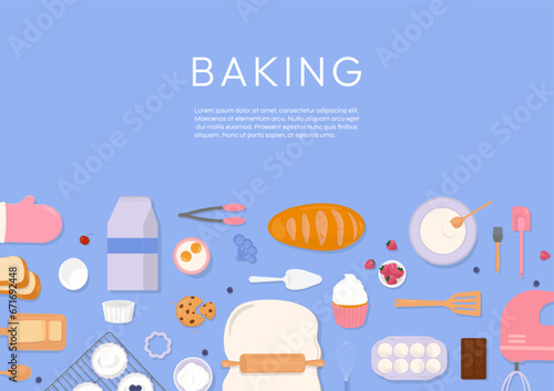 Baking tools and ingredients on blue background