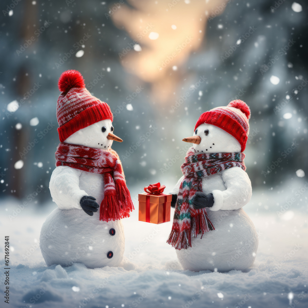 Cheerful snowmen exchange Christmas presents - with space for text Cheerful snowmen exchange Christmas presents - with space for text