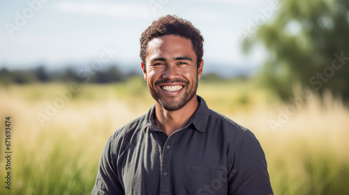 Smiling young man in grey shirt posing outdoors.