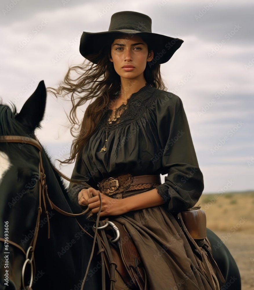 A female gaucho, woman with a horse in the argentinian Pampa, beautiful ...