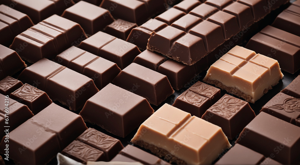 Composition of bars and pieces of different dark and milk chocolate Composition of bars and pieces of different dark and milk chocolate