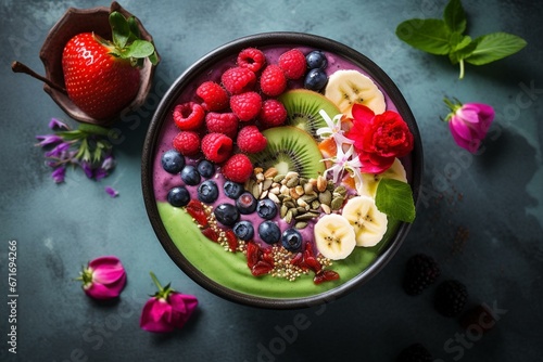 Vibrant smoothie bowl with crunchy toppings on a marble surface. Mouthwatering plant-based delight. Generative AI photo