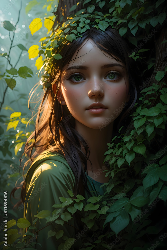 The image features a young girl with long, dark hair and striking blue eyes, standing in a lush, verdant forest. The image features a young girl with long, dark hair and striking blue eyes, standing in a lush, verdant forest.