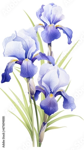 A painting of blue flowers on a white background. Purple iris flowers.