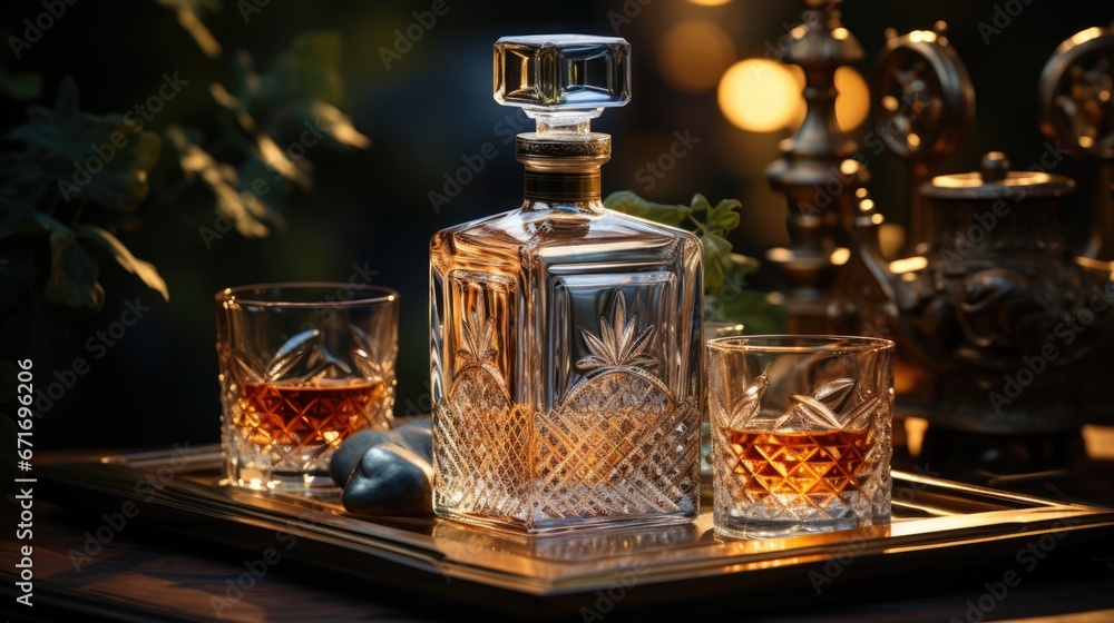 alcohol in a decanter, two glasses next to it, alcohol in a decanter, two glasses next to it,