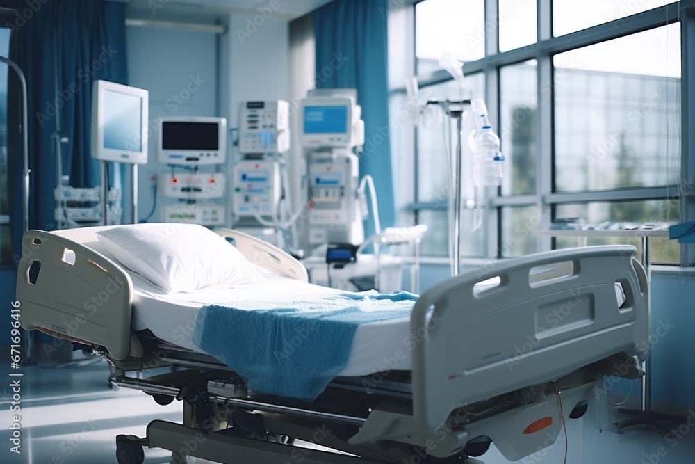 Nobody in hospital bed at clinical ward on modern floor with comfortable bed, monitor, medical equipment. Nobody in hospital bed at clinical ward on modern floor with comfortable bed, monitor, medical equipment.