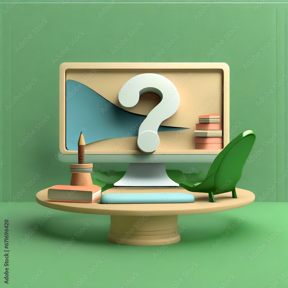 question mark on a wooden computer screen sitting on a wooden desk.