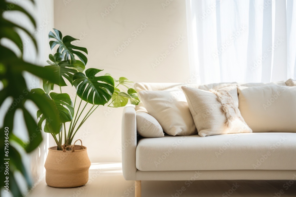 living room interior with soft sunlight, modern couch and lush monstera plant, design mockup. living room interior with soft sunlight, modern couch and lush monstera plant, design mockup.
