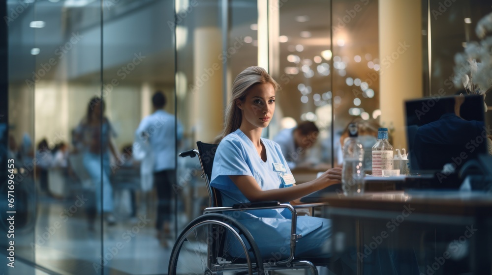 Obraz premium Nurse working on PC in modern private clinic with glass walls where patients
