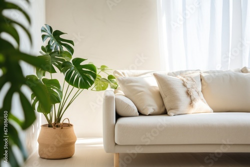 living room interior with soft sunlight  modern couch and lush monstera plant  design mockup.