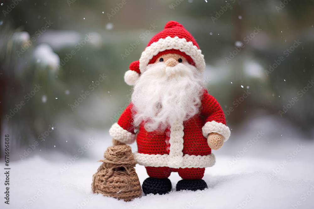 Fototapeta premium crocheted cute Santa Claus standing in the snow